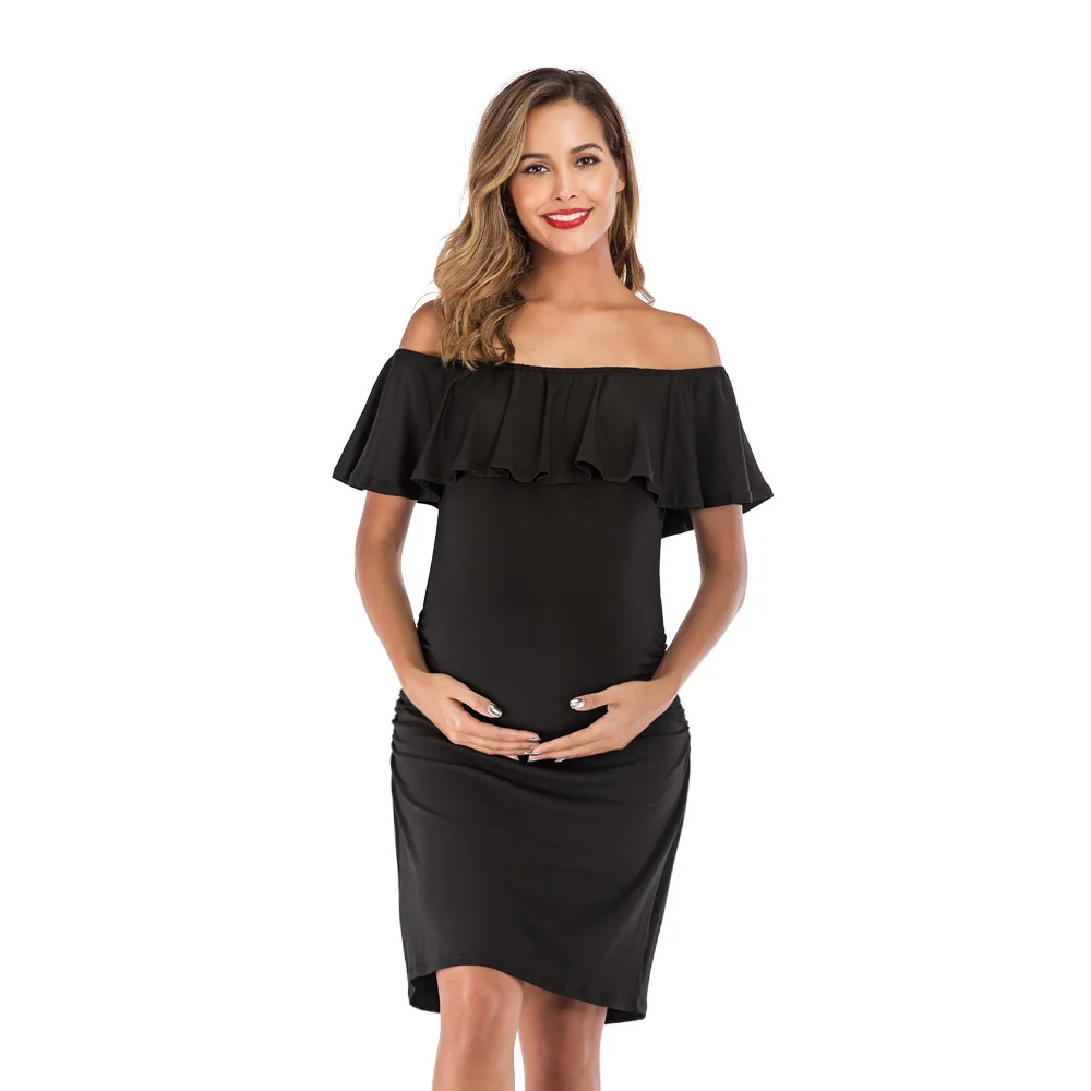 

2020 new European and American women's solid color one-line collar pregnant mother dress