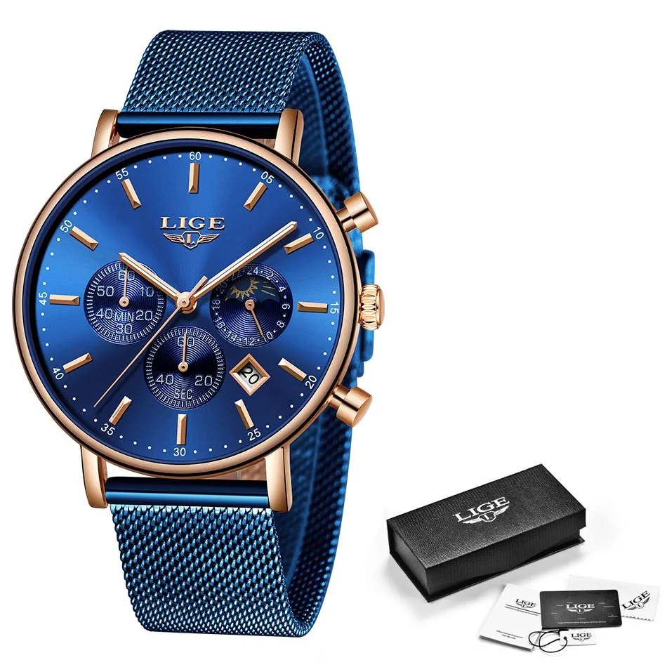 Full Blue LIGE, модные мужские часы, лучший бренд, Роскошные Кварцевые часы для мужчин, повседневные, тонкие, под платье, водонепроницаемые, спортивные наручные часы, Relogio Masculino - Цвет: Full Blue