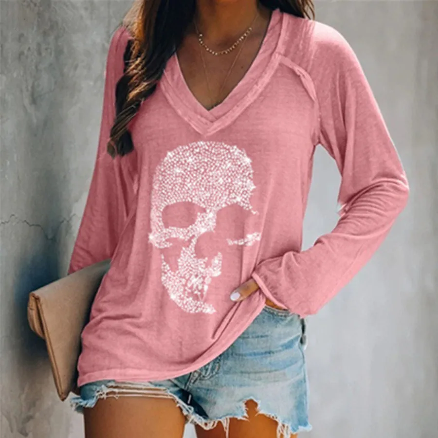 

2021 Plus Size 4XL 5XL Diamonds Skull T-shirt Women Top Graphic Tees Women Tops for E Girl Full Sleeves Soft