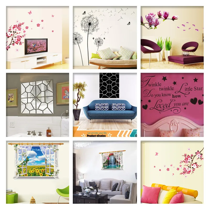 Прозрачная зеркальная настенная наклейка из ПВХ с мультяшными цветами для