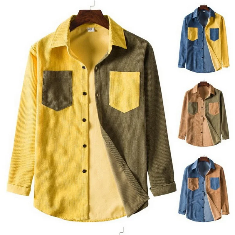 

Mens Fashion Winter Buttons Corduroy Color Matching Long Sleeve Shirts Casual Vintage Personality Printed Men's Jacket Shirt