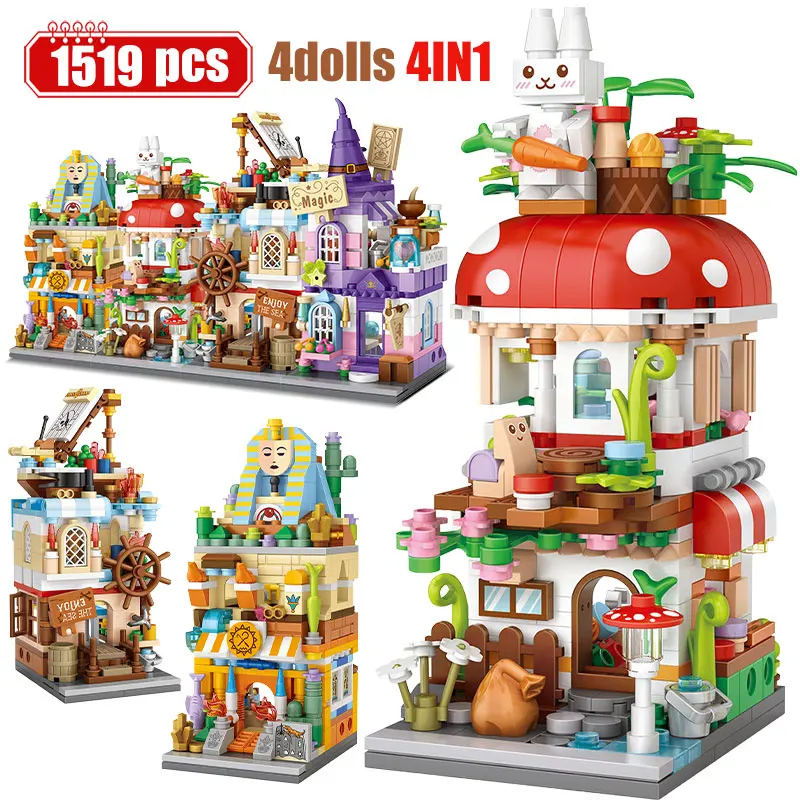 

4 in 1 City Street View Mini Magic Castle Architecture Building Blocks Friends Mushroom House Store Figures Bricks Toys For Kids