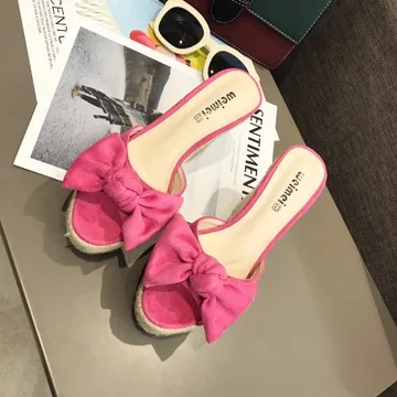 

House Slippers Platform High-Heeled Shoes Lady Flock Peep Toe Low On A Wedge Butterfly-Knot Slipers Women Slides 2021 Summer Swe
