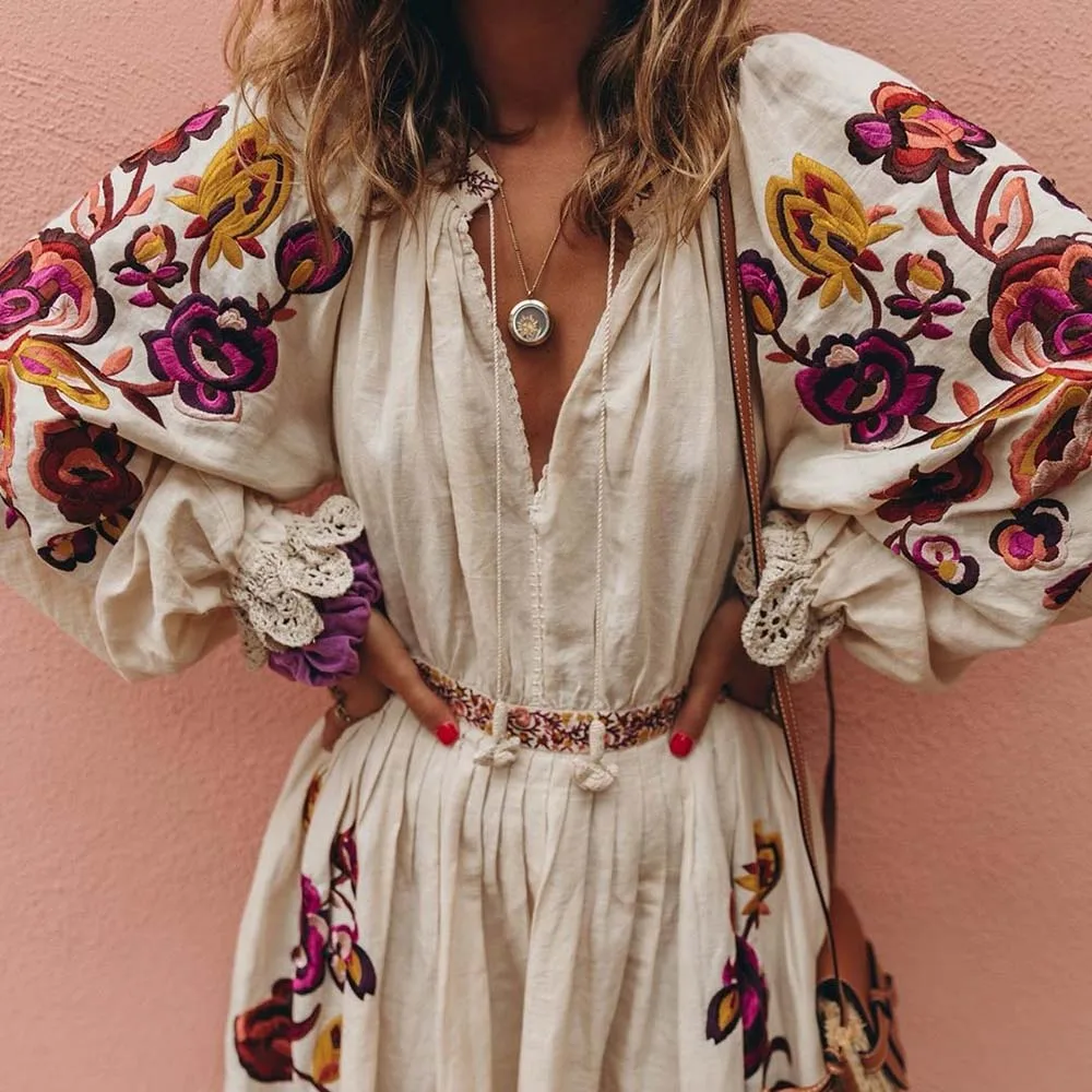 Female Deep V-Neck Lantern Sleeve Boho Maxi Dresses Women's Beach Sundress Floral Pullover Bohemia Vestidos Autumn Fall |