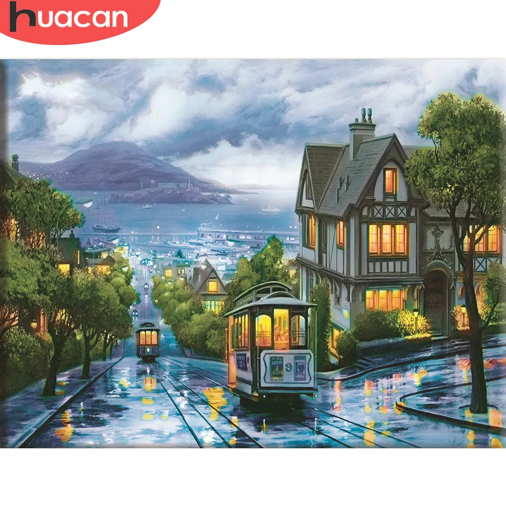 HUACAN Cross Stitch Street Scenery Needlework Sets Embroidery City Landscape Kits White Canvas DIY Home Decor 14CT 40x50cm