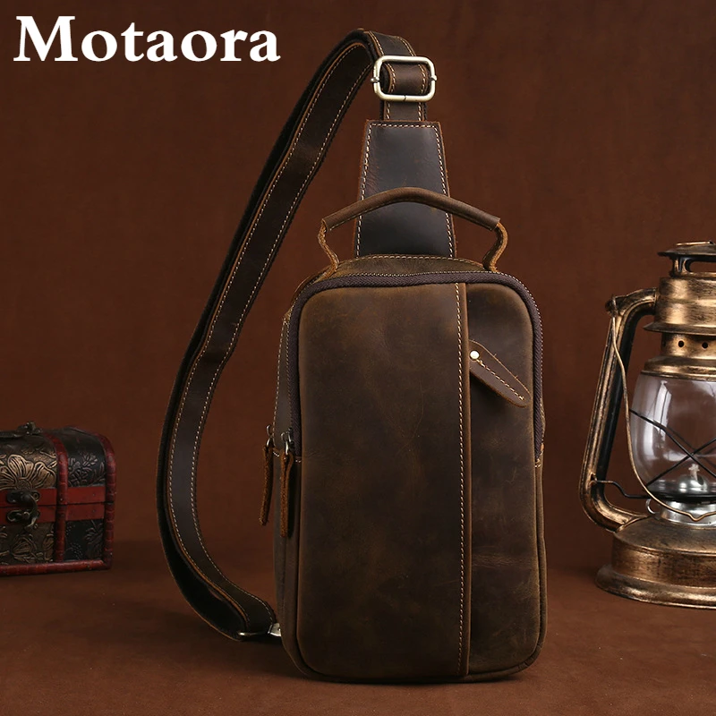 Motaora Men's Bag Crazy Horse Cowhide Chest Bags Casual Retro Shoulder Messenger Bag For Male Genuine Leather Men Crossbody Bags