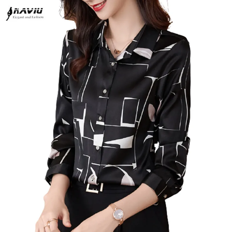 

Long Sleeve Fashion Printed Shirt Women 2022 New Temperament Design Formal Chiffon Blouses Office Ladies Work Tops Black White