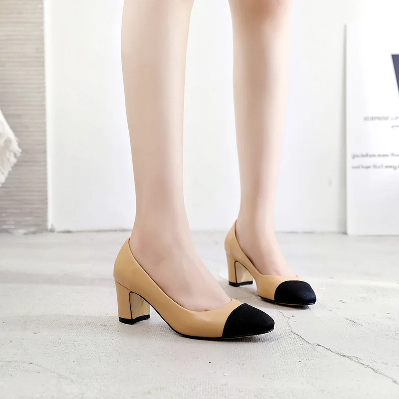 Ladies Square ToeLoafer Summer Chunky Pumps Women Mixed Color Shallow Work Shoes Famous Brand High Heels Two-tone Sandals Femme