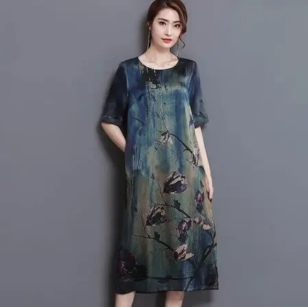 2020 новое летнее длинное шелковое платье среднего возраста высокого качества с