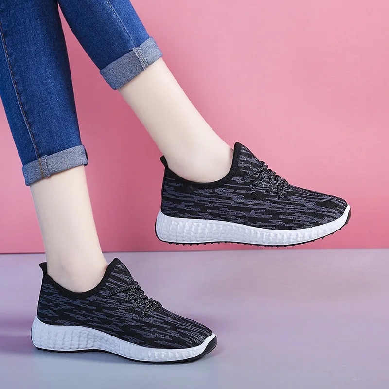

Women's Light Fashion Casual Sneakers Ladies Lace-up Knitted Vulcanized Shoes Comfy Breathable Sport Weave Zapatillas Mujer 2021