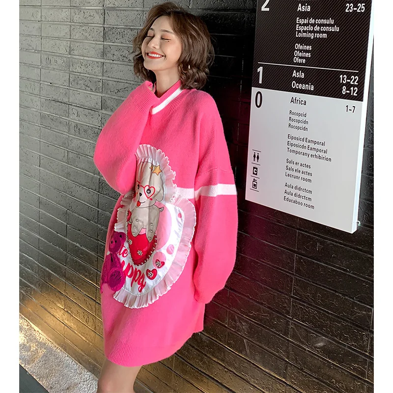 2019 зимние модные длинные вязаные платья с принтом из мультфильма женские