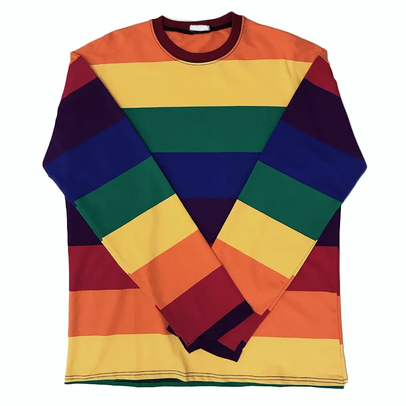

Rainbow Striped Women T Shirts Harajuku Fashion Female Tops Long Sleeves Oversize Woman Tshirt O-Neck Casual Female T-shirts