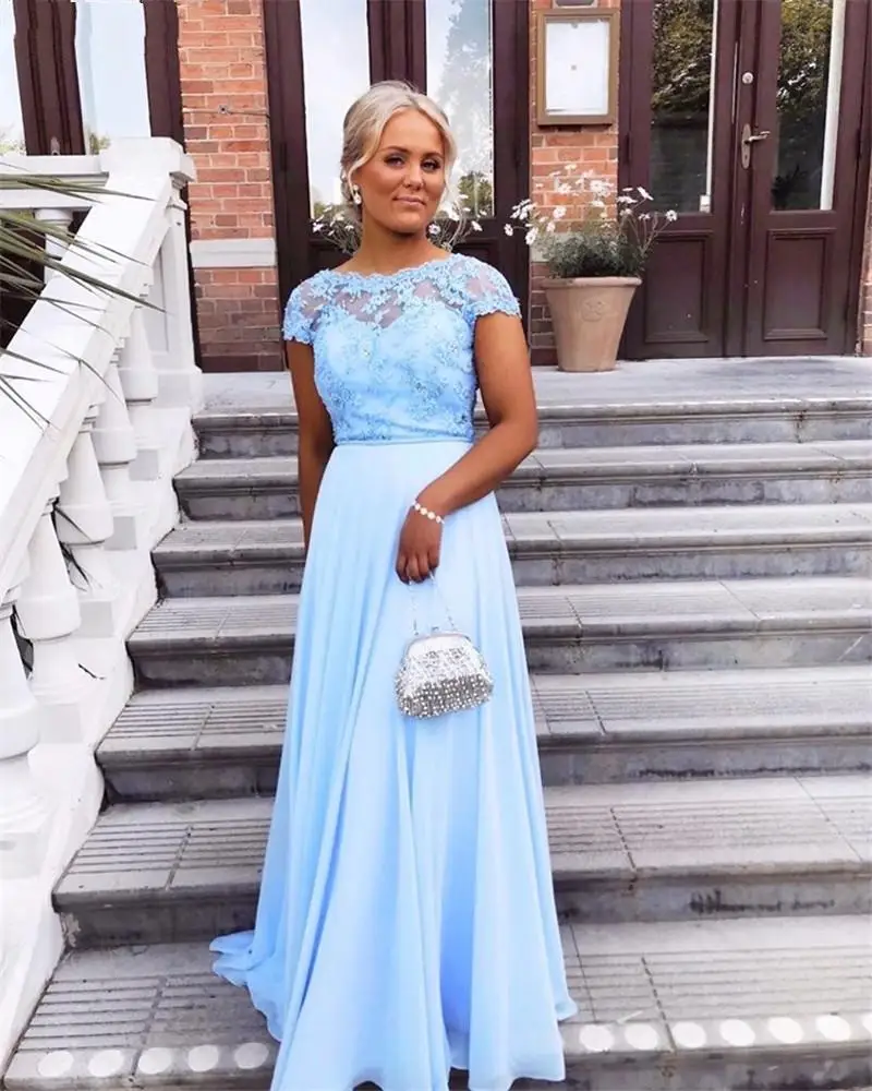 

Элегантное светло-голубое платье для матери невесты, длинное женское официальное вечернее платье с коротким рукавом для выпускного вечера,...