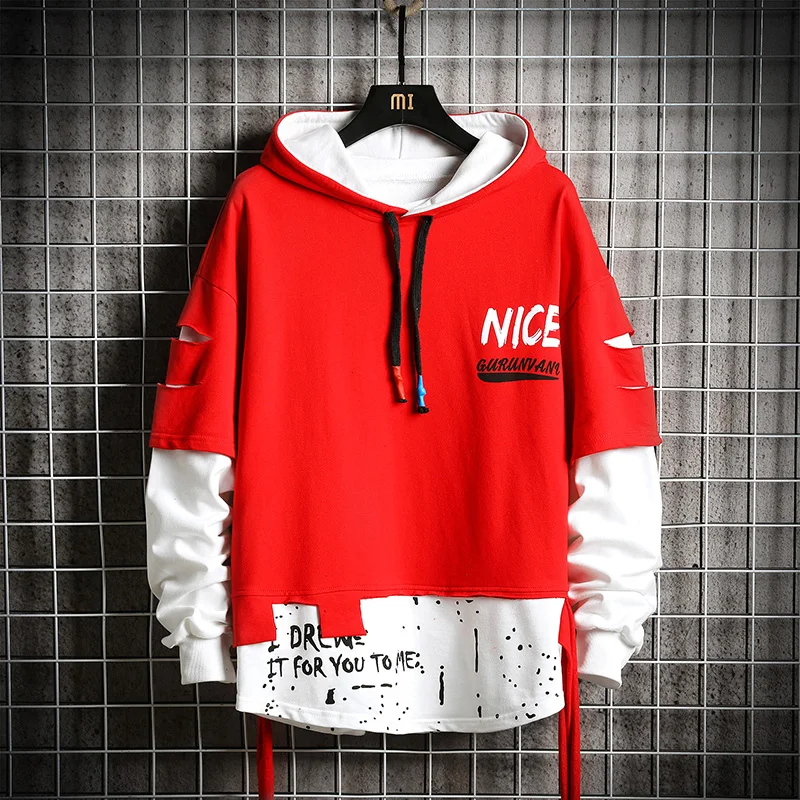 

Oversized Ripped Patchwork Hoodies Men 2021 New Hip Hop Streetwear Hoodie Mens Harajuku Hooded Sweatshirt Fashion Men Tops