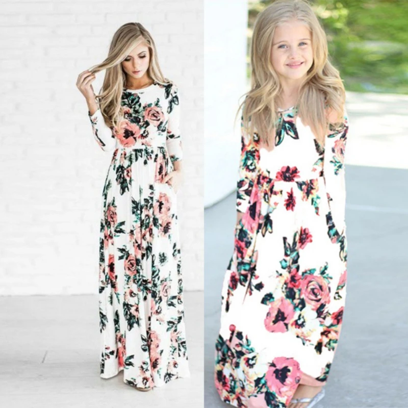 

Mother & Kids dress Long Dress Beach Party Bohemia Maxi Dress with Pocket Sundress Dresses For Family Matching Outfits