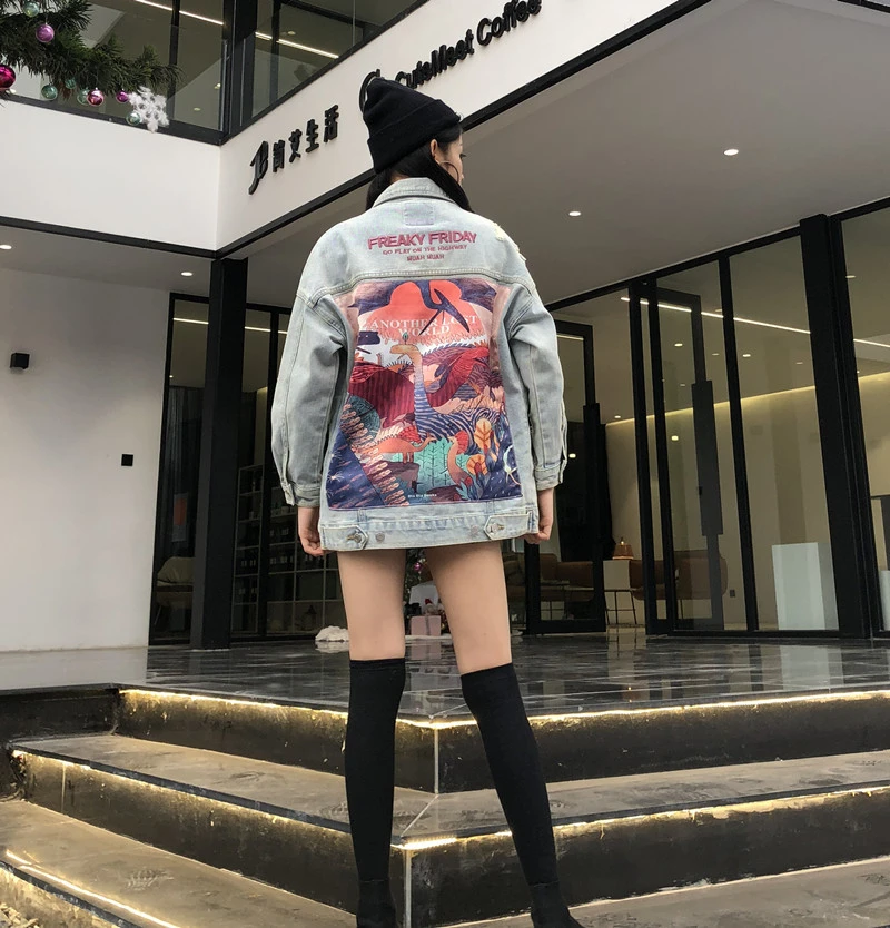 Осенняя длинная джинсовая куртка с принтом динозавра Женская ВИНТАЖНАЯ