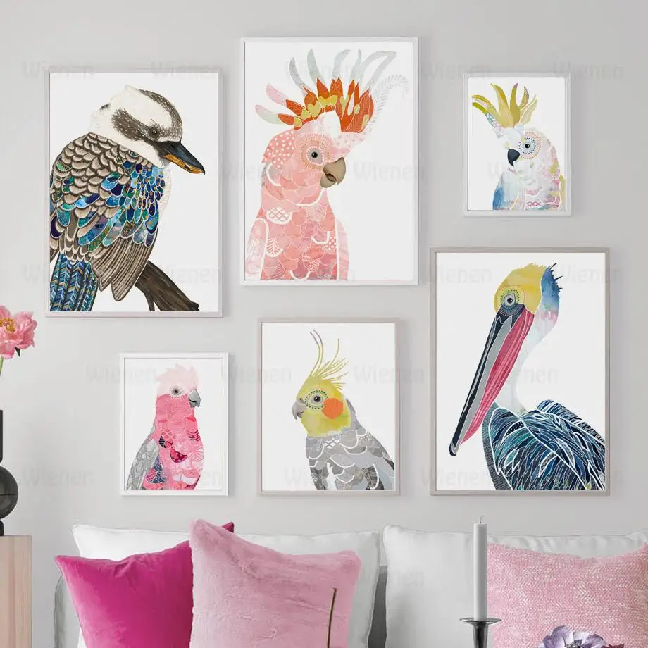 

Colorful Bird Parrot Sparrow Feather Nordic Posters and Prints Animal Wall Art Canvas Painting for Living Room Modular Pictures