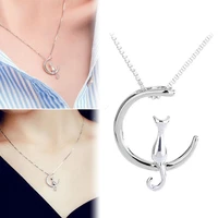 fashion women cute cat crescent necklace cat sitting on the moon necklace gift simple creative necklace personality for lady gif