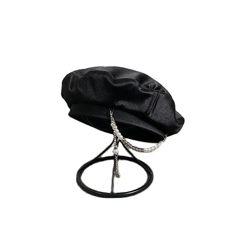 

Атласный берет с жемчужной цепочкой, Женская Всесезонная французская модная шапка, милая шапка с тыквой