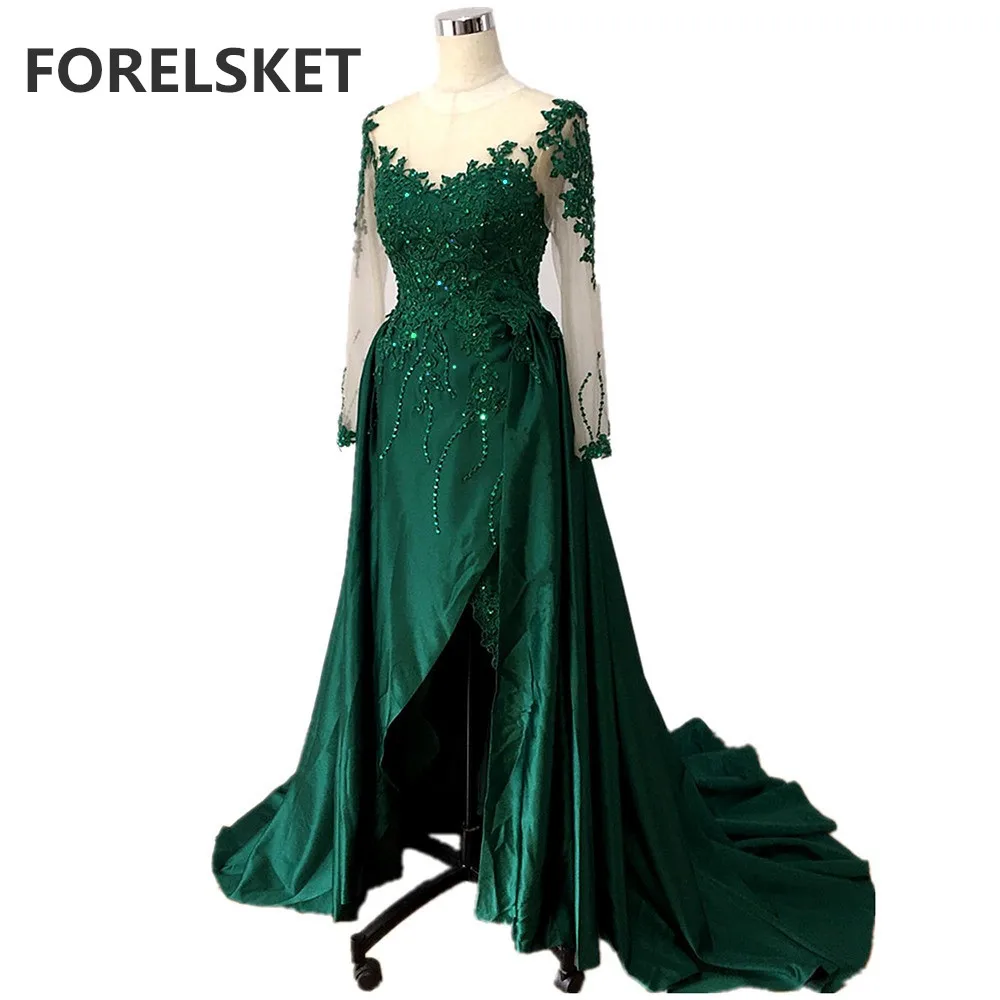 

Beaded Appliques Dubai Arabic Mermaid Prom Dresses Green 2020 Long Sleeve Satin Split Muslim Formal Evening Gowns robe de soirée