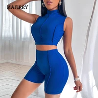 women solid sportswear two piece set femme slim tops high waist shorts sport suit summer sleeveless pullover shorts yoga outfits