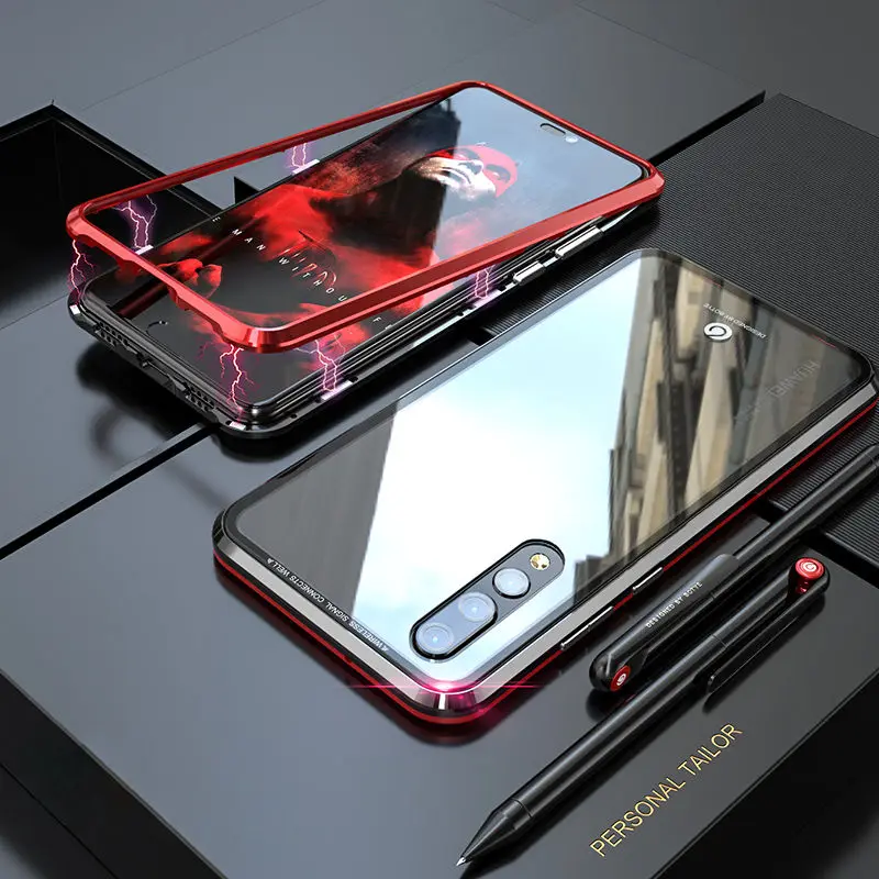 Роскошный Алюминиевый металлический Магнитный чехол для coque huawei P30 Pro, защитный магнит для телефона с задней стеклянной крышкой huawei P20Pro чехол P 20 - Цвет: Black Red