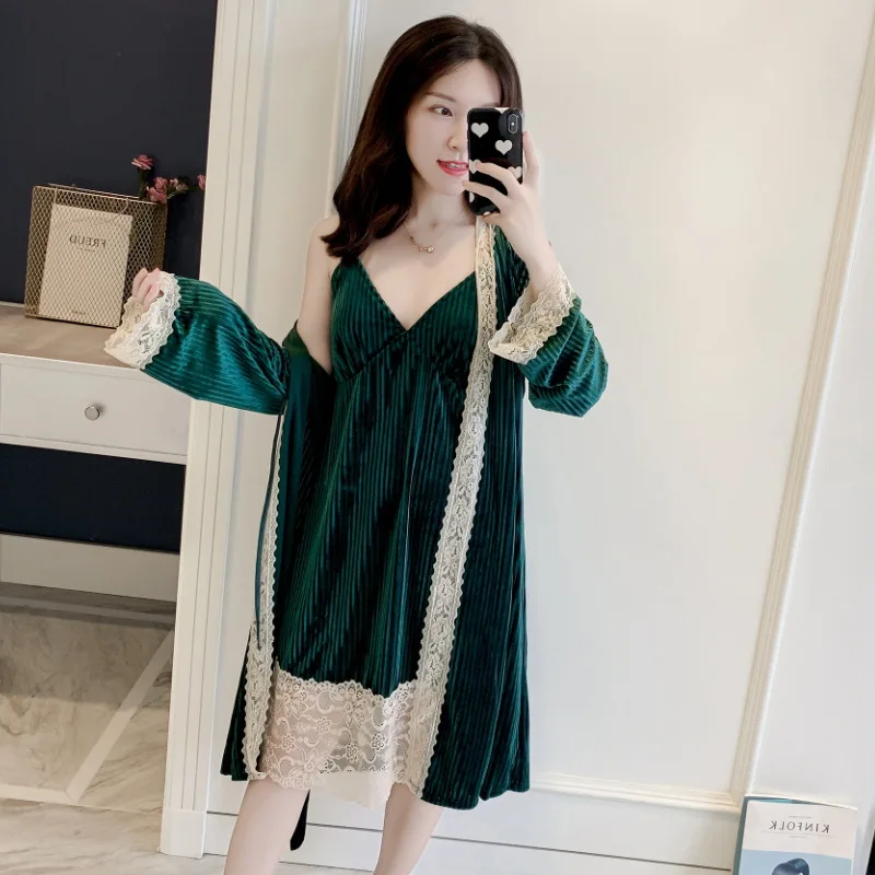 MECHCITIZ женский сексуальный халат ночная сорочка комплект осень зима бархатный