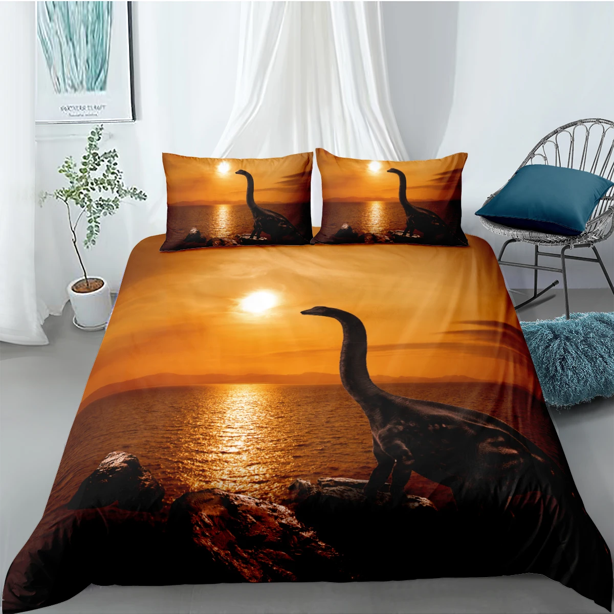 

3d Dinosaur Printing Bedding Set Home Textiles Sea Sunset 2/3PCS Duvet Cover Microfiber Bedclothes Living Room Decor Bedspread