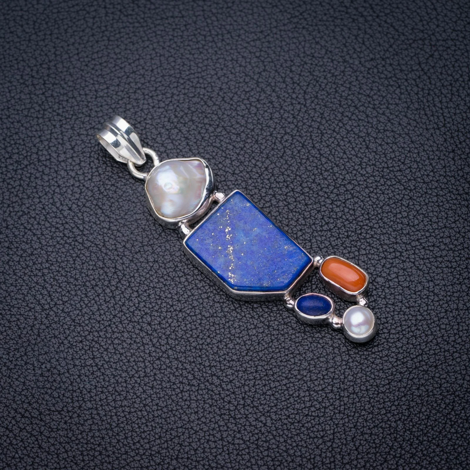 

StarGems Natural Lapis Lazuli Red Coral And River Pearl Handmade 925 Sterling Silver Pendant 2.25" E4059