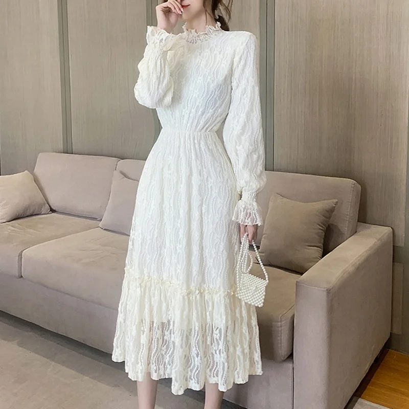 2021 New Women Spring Autum Fashion Stand Collar Long sleeve Slim Elegant High Waist  Lace Vintage Korean Sexy Long Dress