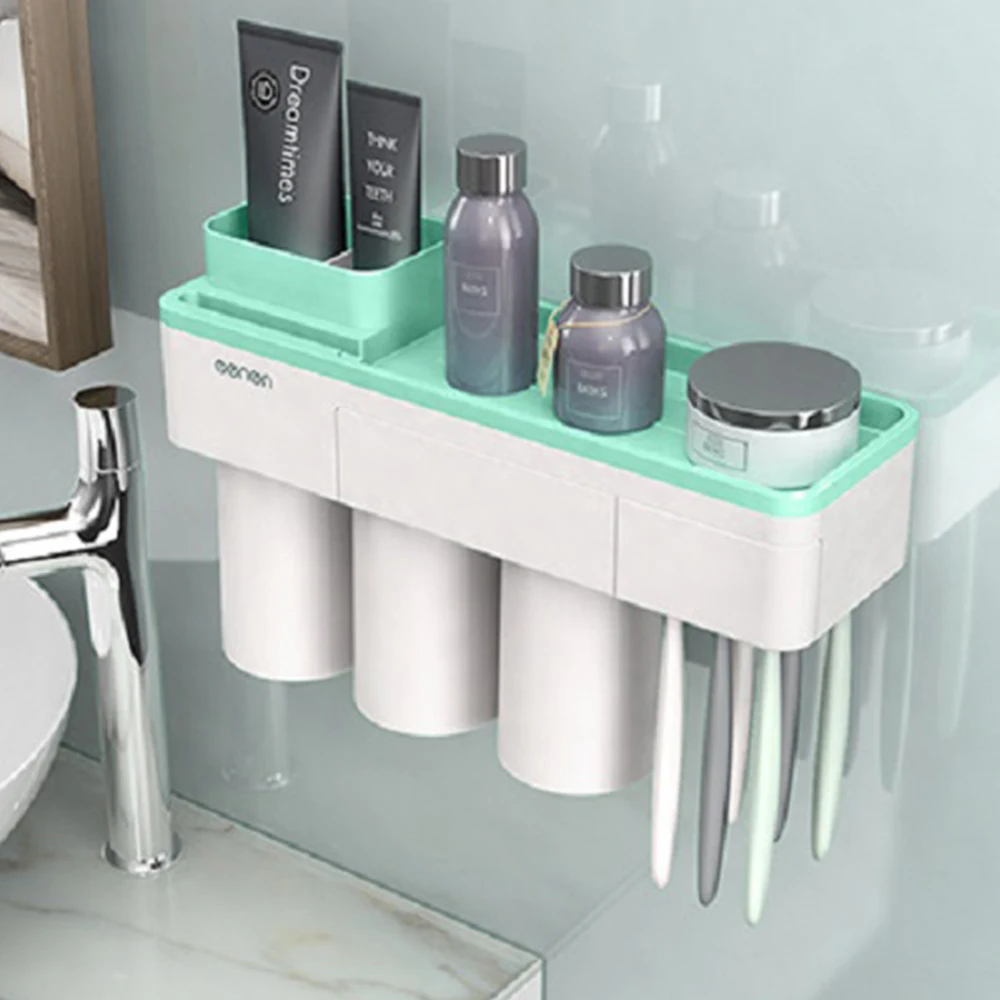 Магнитная Адсорбция Зубная щётка держатель с креплением на стену, автоматический диспенсер для зубной пасты для ванной полка для ванной Аксессуары - Цвет: as shown 3 cups