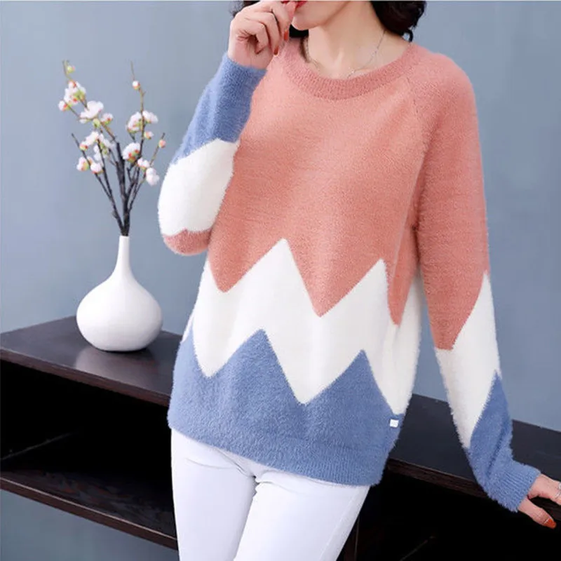 2021 Autumn And Winter New Water Velvet Sweater Women's Head Loose Color Matching Short Knit Bottoming Shirt Tide | Женская одежда