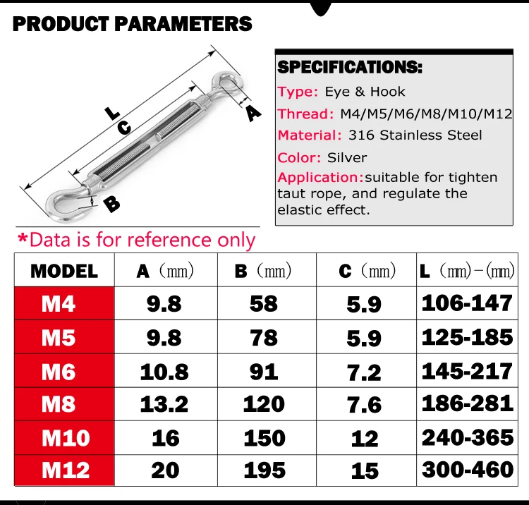 4 шт. M4/M5/M6/M8/M10/M12 крючок для крючков с застежкой из нержавеющей стали 316 регулируемая цепь Такелажный крюк вращается цепь натяжитель троса