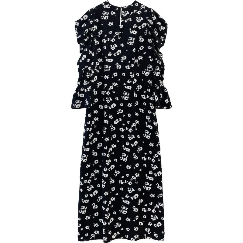 

2021 Spring Korean V-Neck Puff Long Sleeve Chiffon Dresses Women High Waist Hip A Line Vestidos Vintage Print Slim Elegant Robe
