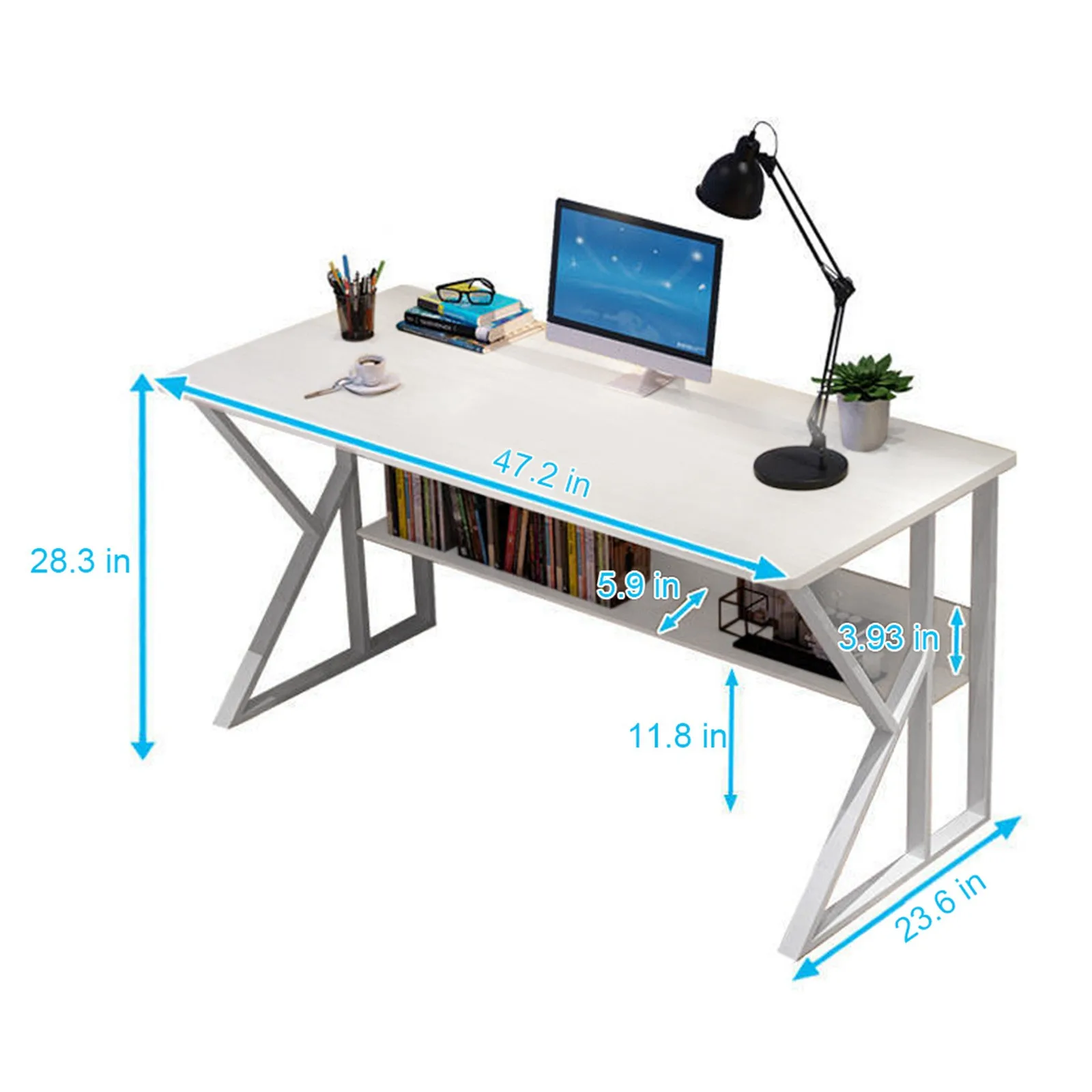 

47'' Simpleness Student Writing Desk Home Office Economic Computer Desk with Bookshelf Laptop Desk Notebook Table[US-Stock]