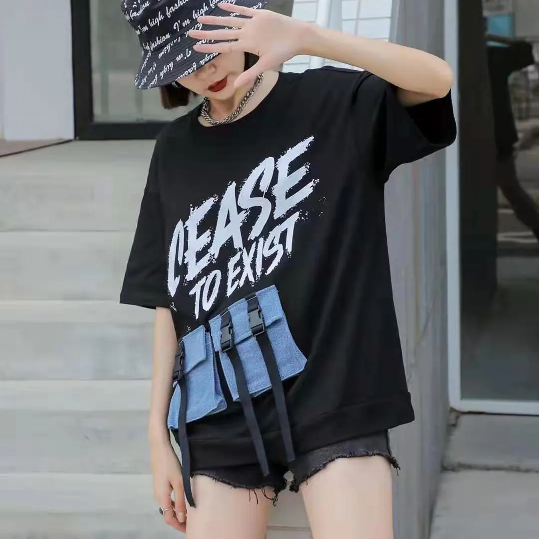 

Vefadisa Letter Print Women T-shirt 2021 Summer Patchwork Women T-shirt O-Neck Casual Short Sleeve T-shirt Black Blue QYF5274