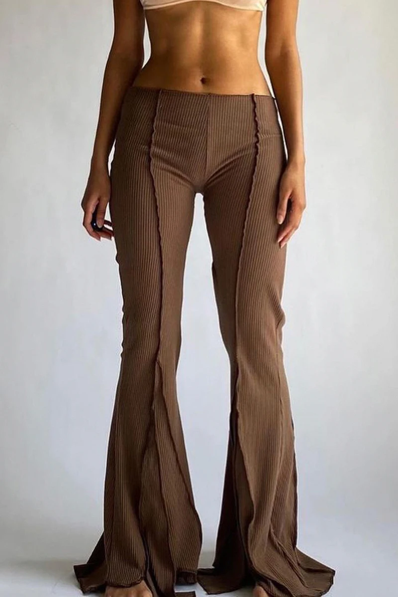 

Women Solid Color Ribbed Flared Pants Elastic Low Waist Simple Style Trousers Brown/ White 2021 Streetwear