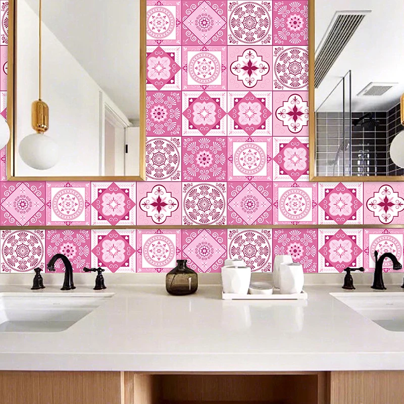 12pcsset pvc hard film pattern wall stickers romantic pink home decoration kitchen and bathroom diy self adhesive tile sticker free global shipping