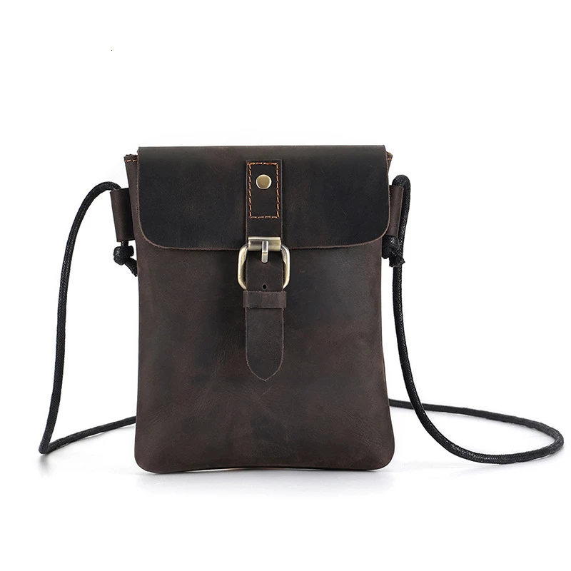 New Men's Leather Small Shoulder Bags Wallet Card Holder Messenger Bags Crazy Horse Cowhide Men's Mobile Phone Bag