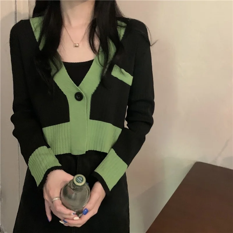Retro Contrast Color Knitted Cardigan Sweater Mori Style Coat Short Top with High-waisted Trousers Autumn Clothes 2021new Rac |