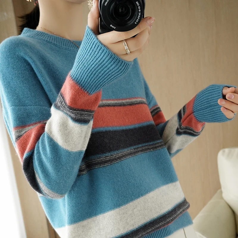 

New Cashmere Sweater Woman O-Neck Color Matching 100% Pure Wool Pullover Fashion Plus Size Warm Knitted Bottoming Shirt
