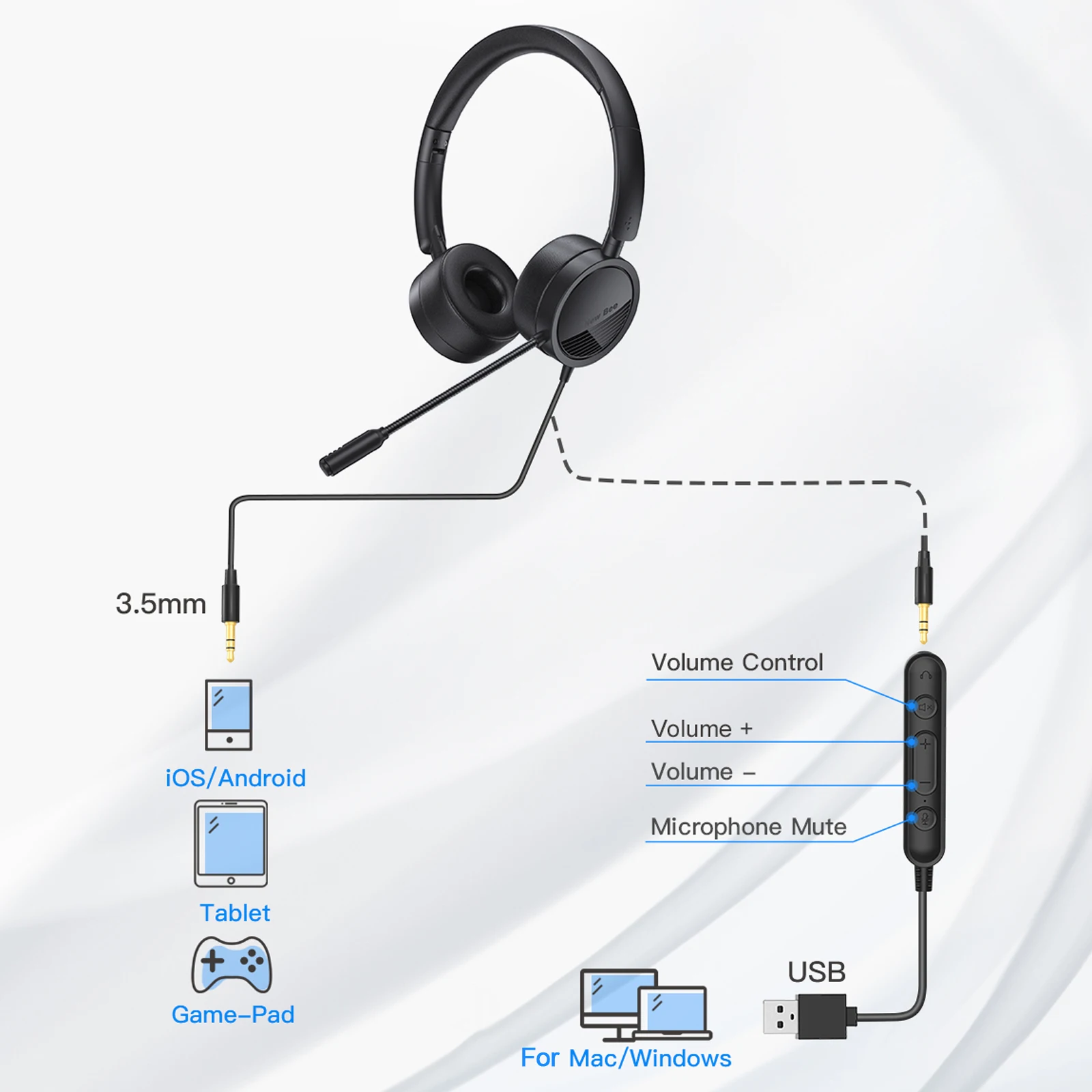 New Bee H360 USB игровая гарнитура с микрофоном для компьютера 3 5 мм Бизнес Отключение