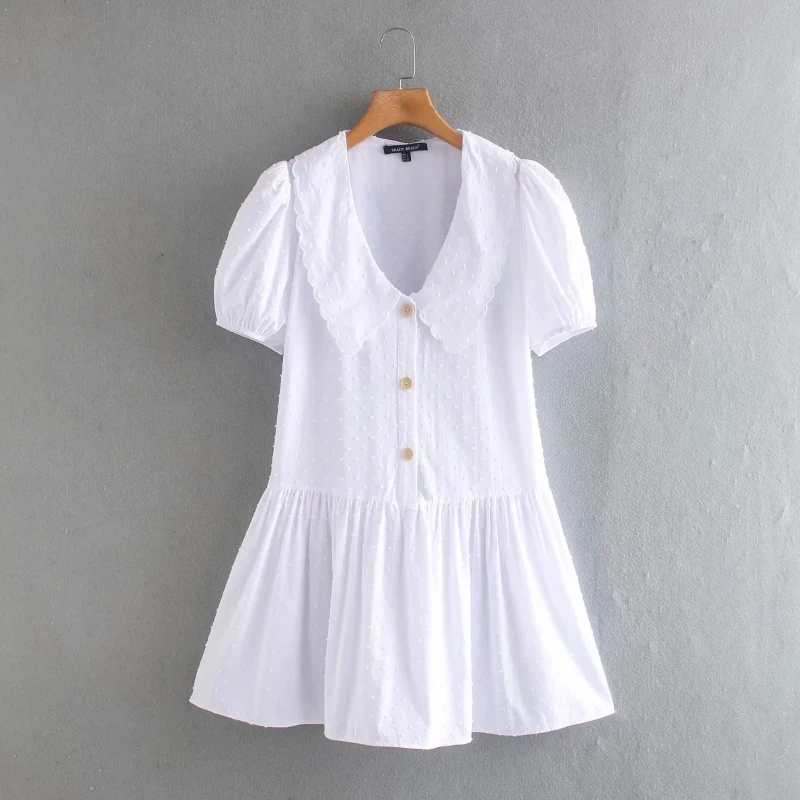 

Женское мини-платье в горошек, с вышивкой и отложным воротником, с пышными рукавами, белое, повседневное, свободное, D6075