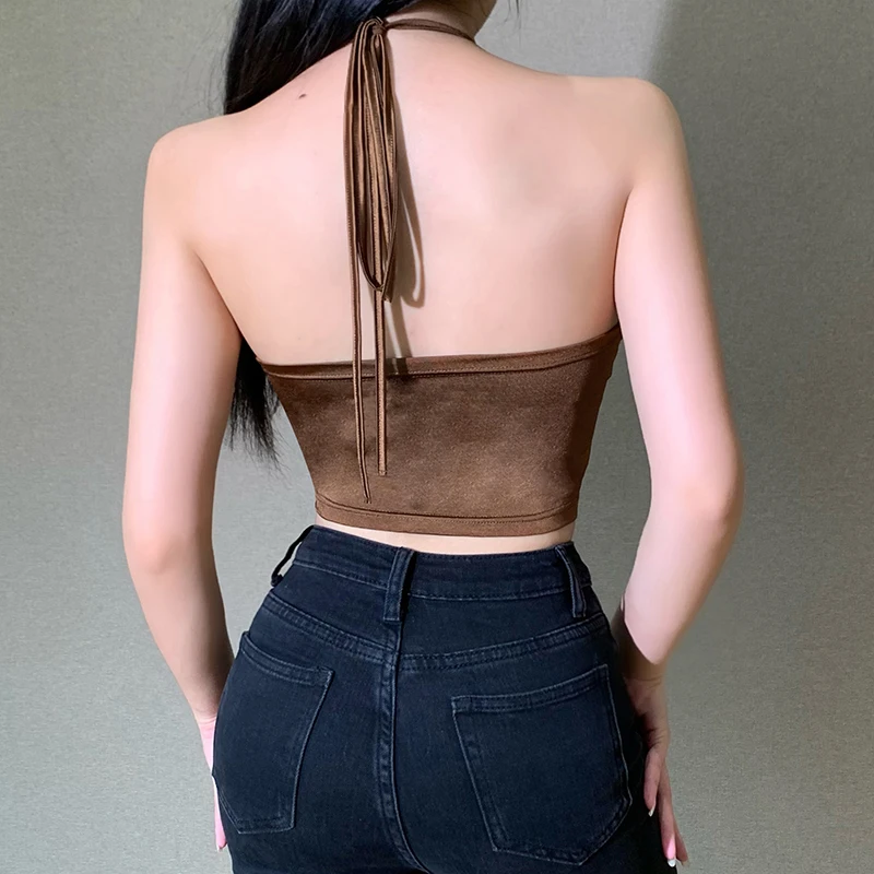

Brown Bustier Satin Top Halter Neck Criss Cross Backless Patchwork Summer Clothes Sexy ropa mujer debardeur femmes blusas