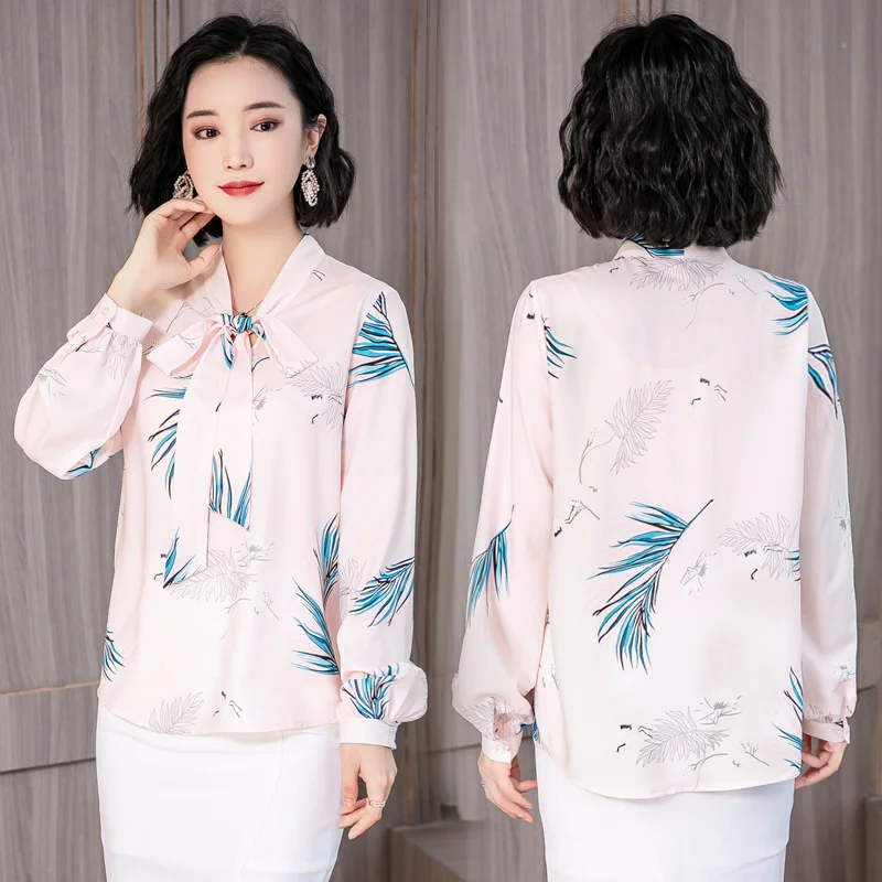 

New Fashion 2021 Casual Women Blouses Long Sleeve V-neck Bow Printing Women Clothing Elegant Womens Tops and Blouses 5527 50