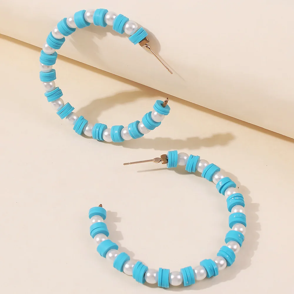 

Bohemia Round Circle Hoop Earrings Retro Acrylic Pearl Beads Colorful Soft Leather Pottery Resin Geometric Earrings Jewelry