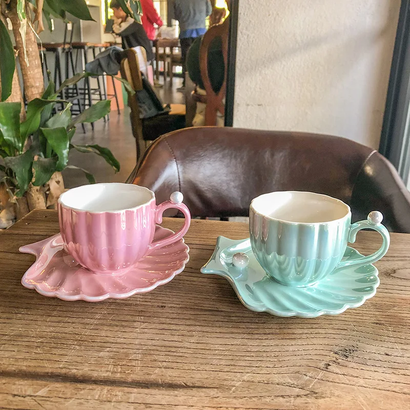 

Nordic Style Simple Mussel Pearl Ceramic Cup Office with Saucer Coffee Milk Mug Ins Western Food Tea Cup High Color Value