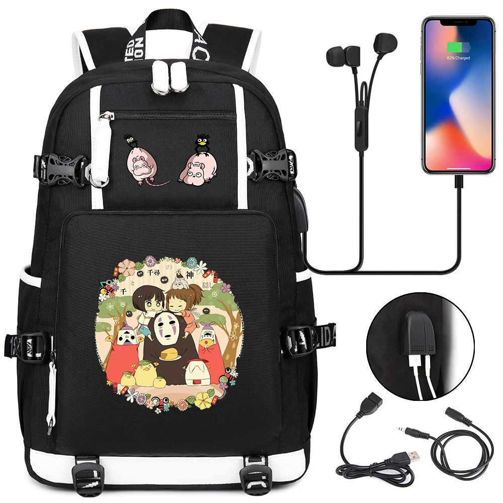

Backpack Anime Spirited Away Unisex School Bags For Teenagers Cartoon Student Bookbag Zipper USB Travel Laptop Shoulders Bags