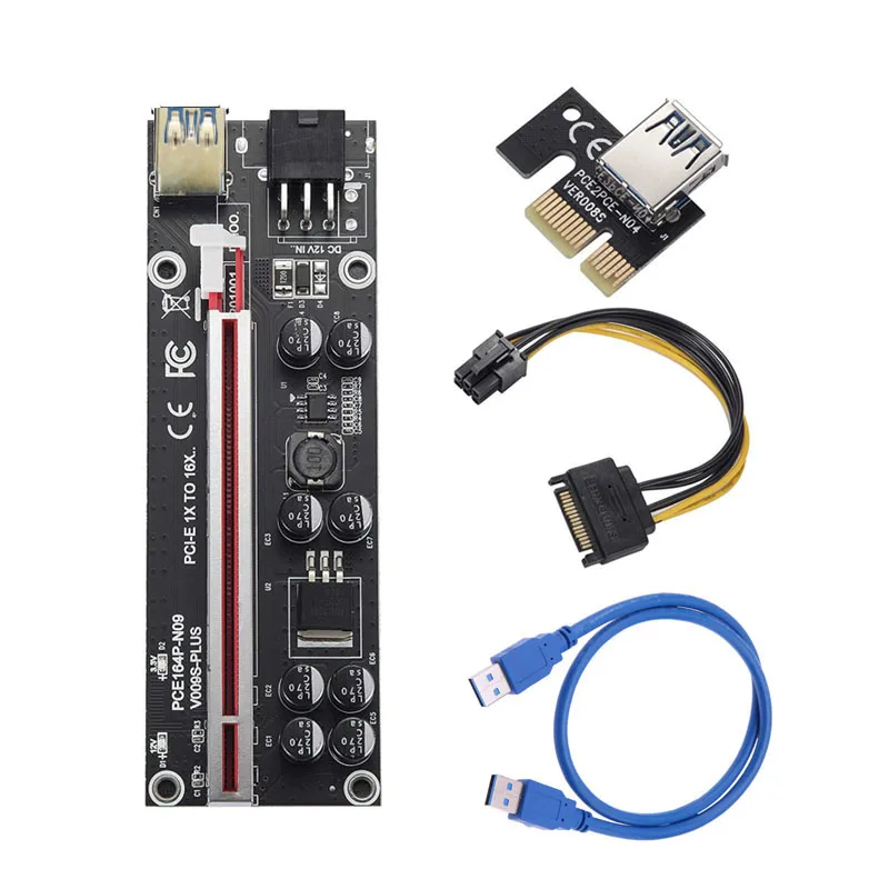 

10pcs VER009S Plus PCI-E Riser Card PCI Express 1X to 16X USB 3.0 Cable SATA to 6Pin Connector for Graphics Video Card Mining