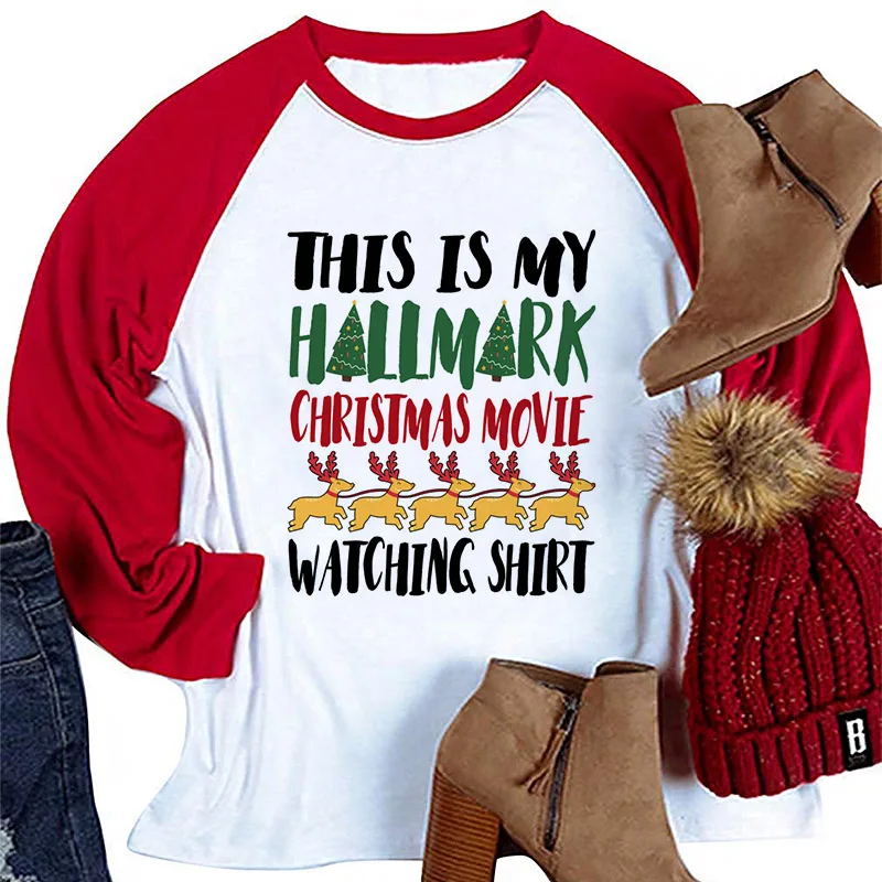 Watch Christmas Movies Graphic Reglan Sleeve T Shirt Women Autumn Winter O-Neck Tshirt Fashion Casual Female Tops Tee | Женская одежда